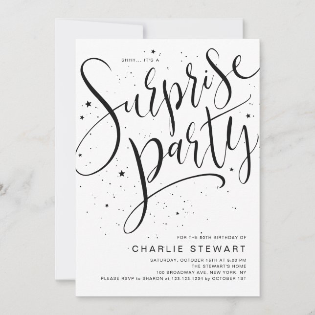 Black And White Modern Calligraphy Surprise Party Invitation (Front)