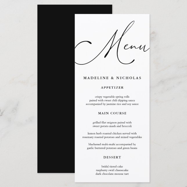 Black And White Modern Calligraphy Wedding Menu (Front/Back)