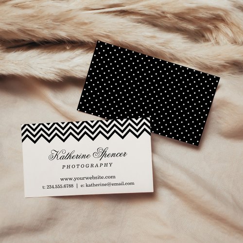 Black and White Modern Chevron and Polka Dots Business Cards