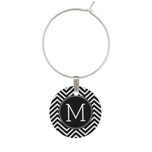 Black and White Modern Chevrons Monogram Wine Charm