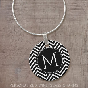 Black and White Modern Chevrons Monogram Wine Charm
