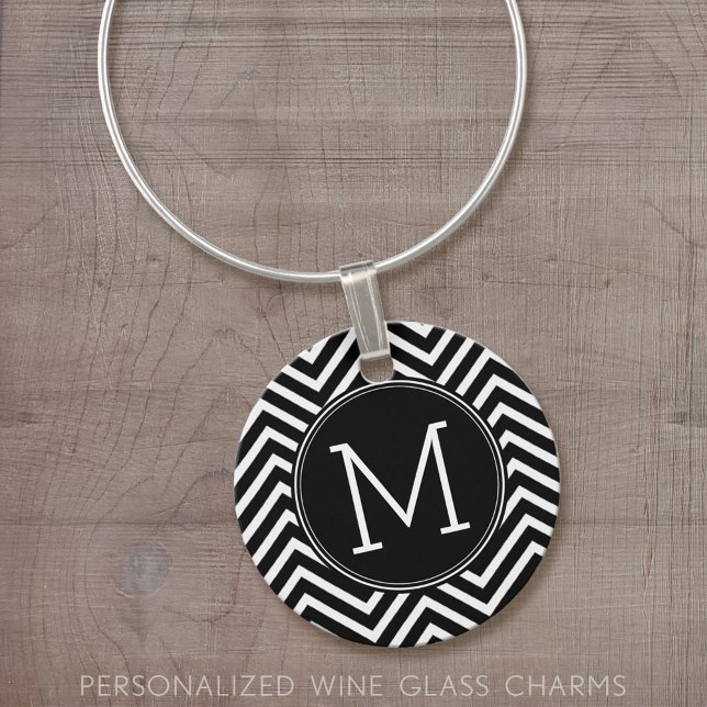 Black and White Modern Chevrons Monogram Wine Charm (Custom Wine Charms)
