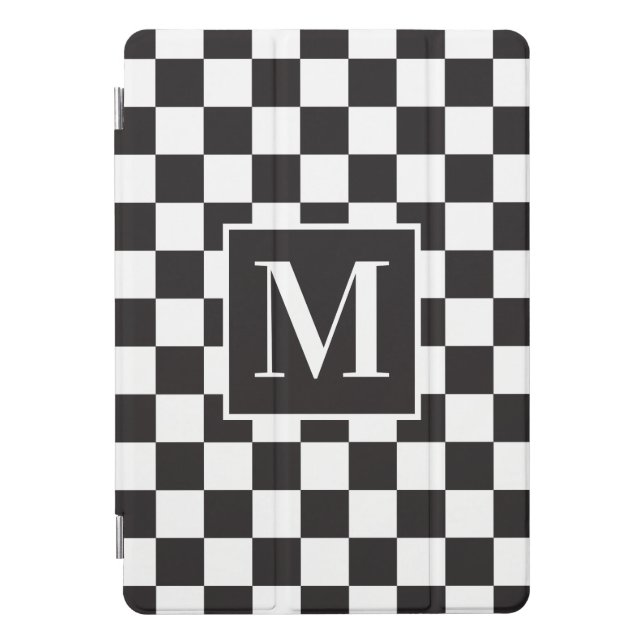 Black And White Modern Chic Checkerboard Monogram iPad Pro Cover (Front)