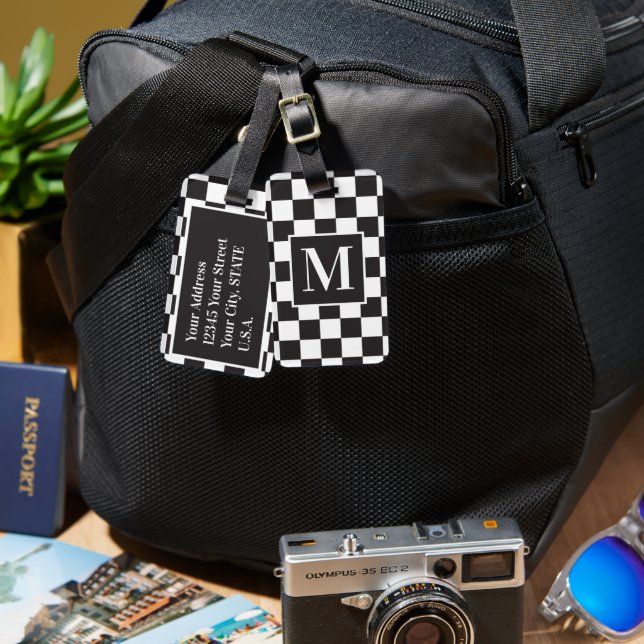 Black And White Modern Chic Checkerboard Monogram Luggage Tag (Front & Back)