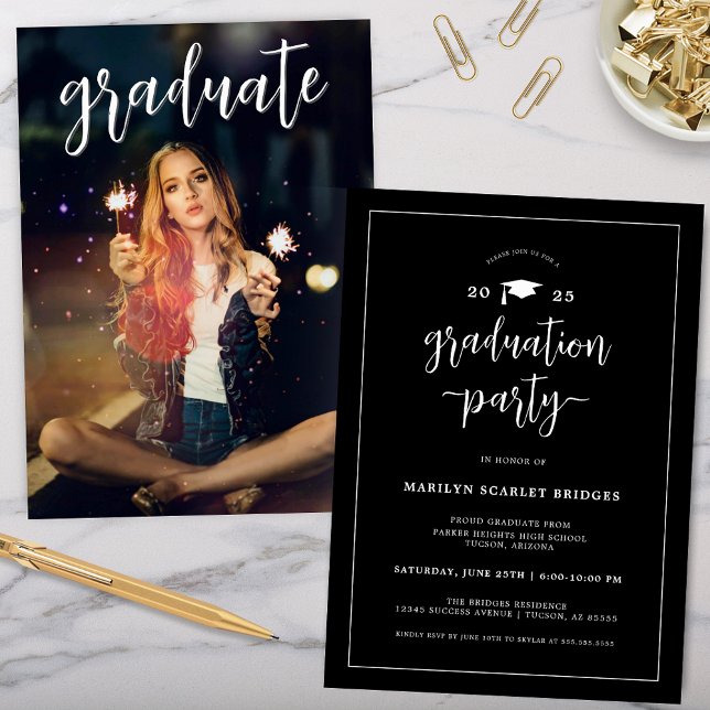 Black and White Modern Chic Graduation Invitation (modern elegant black and white graduation party invitation for college grad party celebrations)