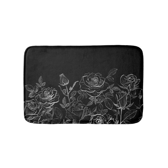 Black and White Modern Chic Roses Bath Mat (Front)
