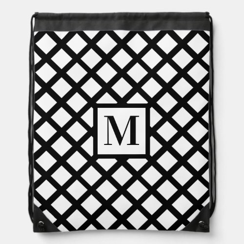 Black and White Modern Chic Rustic Plaid Monogram Drawstring Bag