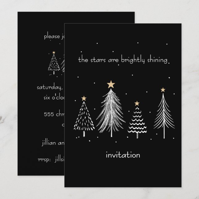 Black and White Modern Christmas Tree Gold Stars Invitation (Front/Back)