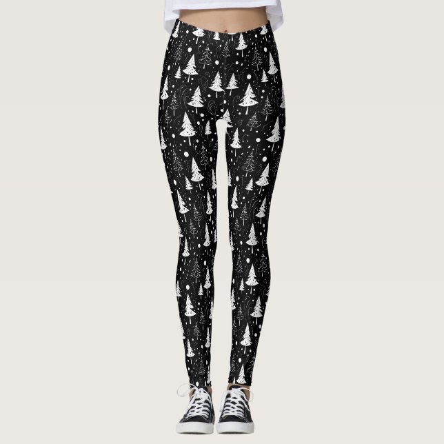 Black and White Modern Christmas Trees Leggings (Front)
