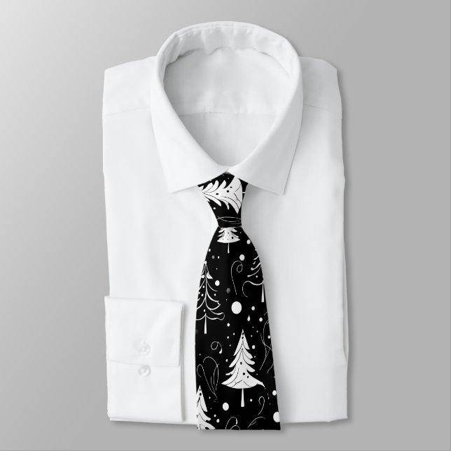 Black and White Modern Christmas Trees Neck Tie (Tied)