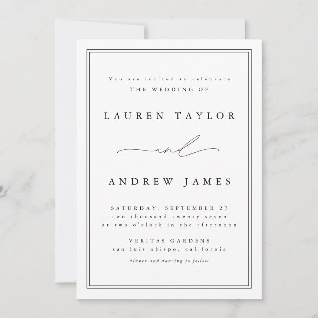 Black and White Modern Classic Lined Wedding Invitation (Front)