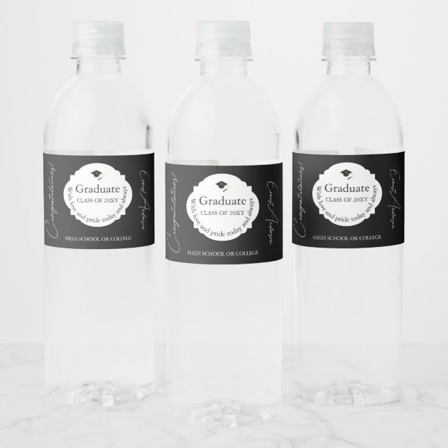 Black and White Modern Congratulations Graduation Water Bottle Label (Bottles)