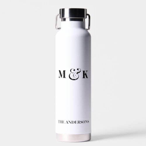 Black and White Modern Couple Monogram Wedding Water Bottle