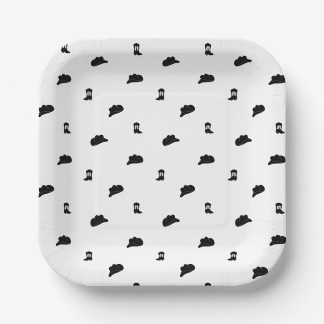 Black and White Modern Cowboy Rodeo Pattern Paper Plates (Front)