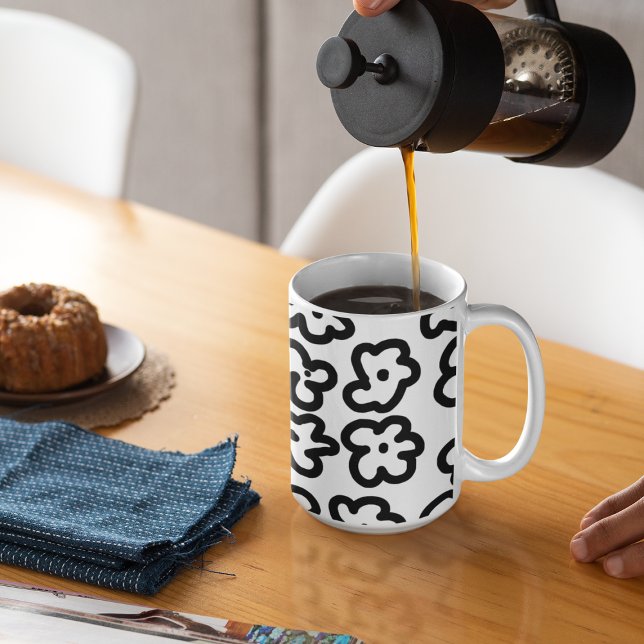 Black and White Modern Cute Floral Drawing Coffee Mug (Creator Uploaded)