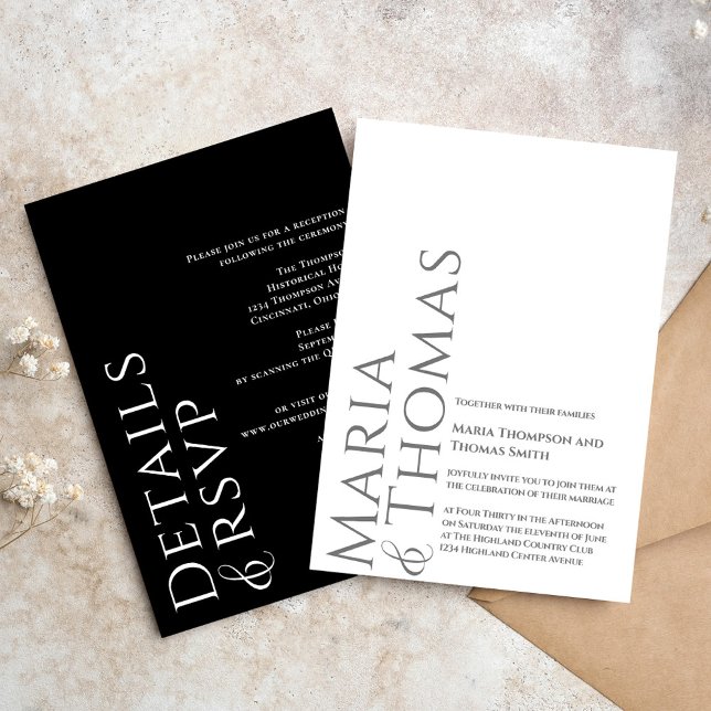 Black and White Modern Details RSVP Wedding  Invitation (Simple black and white modern-style Wedding invitation)