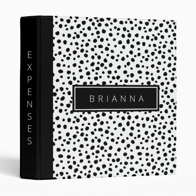 Black and White Modern Dot Background Custom Name 3 Ring Binder (Front/Spine)
