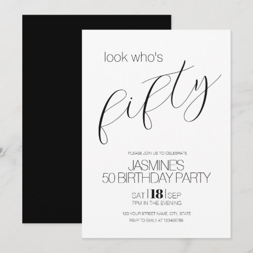 Black And White Modern Elegant 50 Birthday Invitation