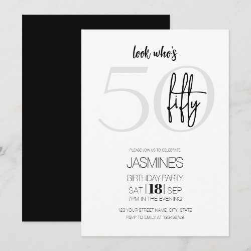 Black And White Modern Elegant 50 Birthday Invitation