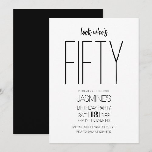 Black And White Modern Elegant 50 Birthday Invitation