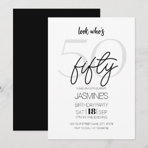 Black And White Modern Elegant 50 Birthday Invitation