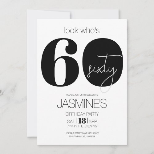 Black And White Modern Elegant 60 Birthday Invitation