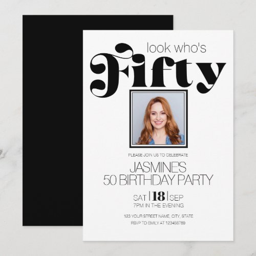 Black And White Modern Elegant Photo 50 Birthday Invitation