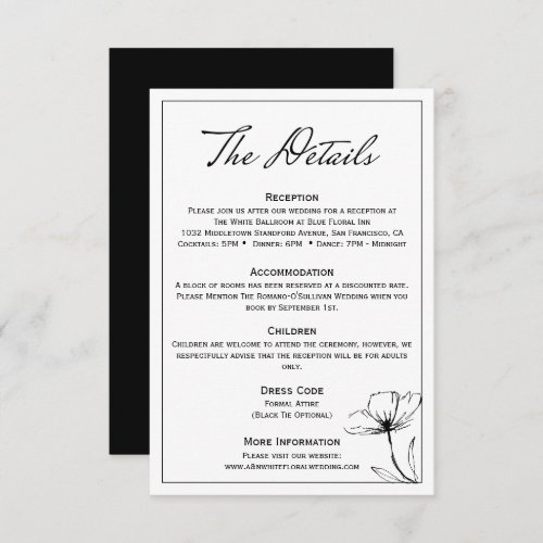 Black And White Modern elegant wedding Details  Enclosure Card