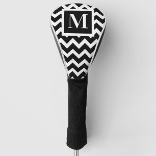 Black and White Modern Elegant Zigzag Monogram Golf Head Cover