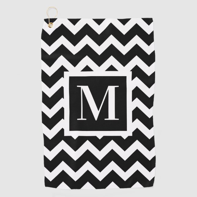 Black and White Modern Elegant Zigzag Monogram Golf Towel (Front)