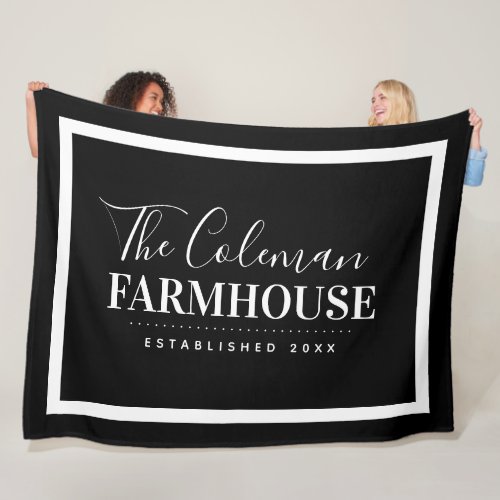 Black and White Modern Farmhouse Family Monogram Fleece Blanket