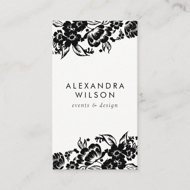 Black and White Modern Floral Accent Business Card (Front)