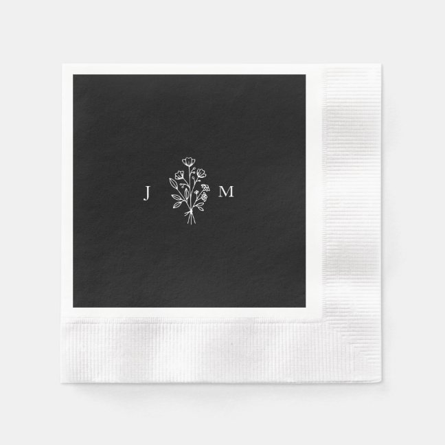 Black and White Modern Floral Bouquet Wedding Napkins
