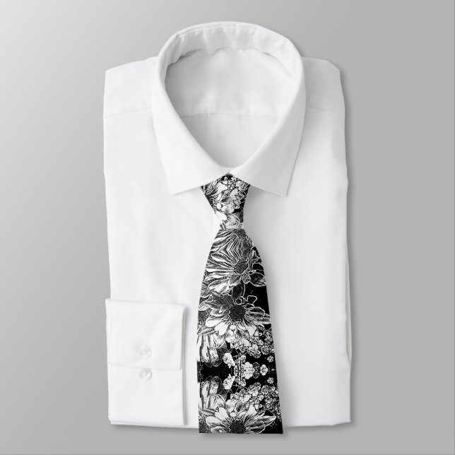 Black and White Modern Floral Flower Print Neck Tie (Tied)