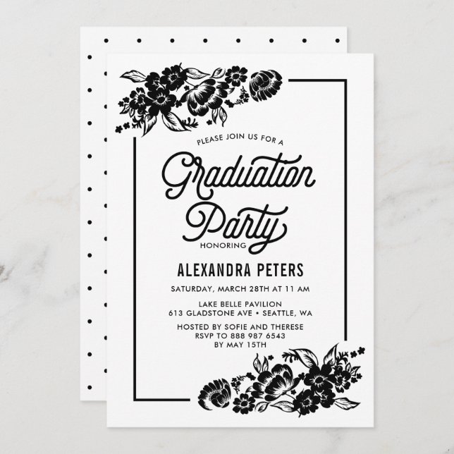 Black and White Modern Floral Graduation Party Invitation (Front/Back)