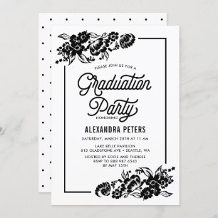 Black and White Modern Floral Graduation Party Invitation