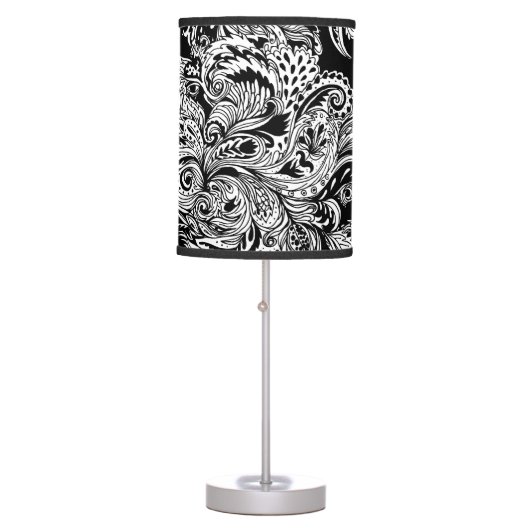 Black and White Modern Floral Paisley Pattern Table Lamp (Front)
