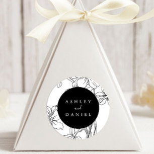 Black and White Modern Floral Wedding Favor Classic Round Sticker