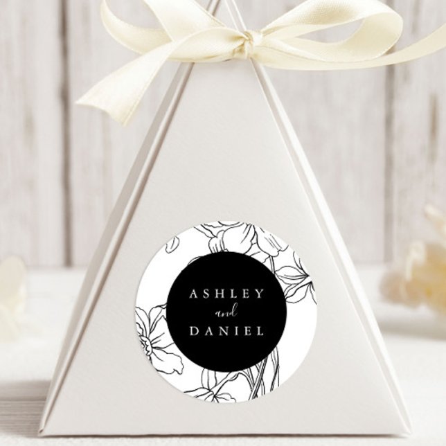 Black and White Modern Floral Wedding Favor Classic Round Sticker (Creator Uploaded)