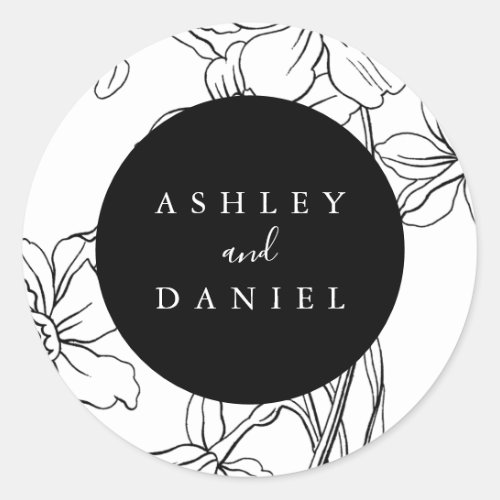 Black and White Modern Floral Wedding Favor Classic Round Sticker