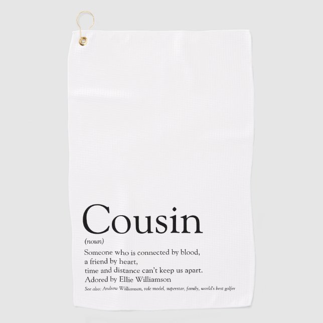 Black and White Modern Fun Cousin Definition Golf Towel (Front)