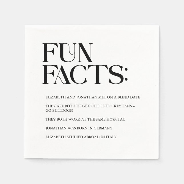 Black and White Modern Fun Facts Wedding Napkins (Front)