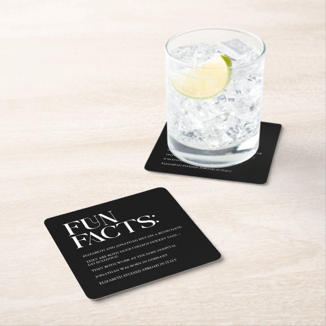 Black and White Modern Fun Facts Wedding Square Paper Coaster (Insitu)