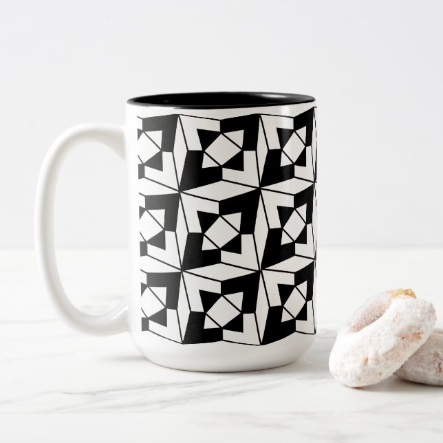 Black and White Modern Geometric  Two-Tone Coffee Mug (With Donut)