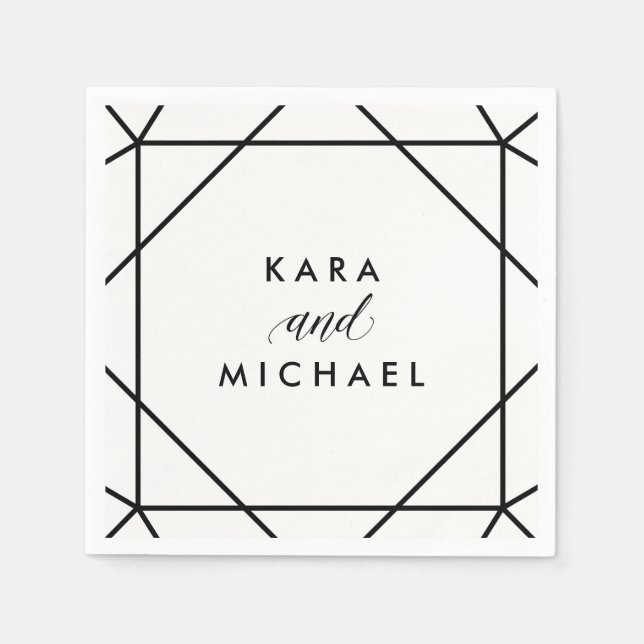Black and White Modern Geometric Wedding Paper Napkins (Front)