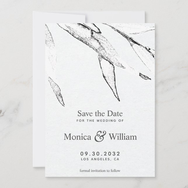 Black and white modern graphic leafage wedding save the date (Front)