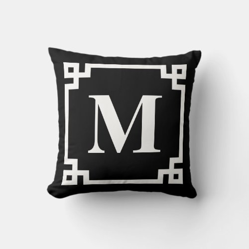 Black and White Modern Greek Key Border Monogram Throw Pillow