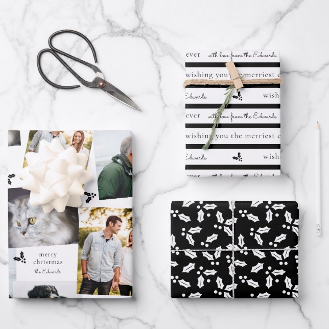 Black and White Modern Holly Sprig Wrapping Paper Sheets (Front)