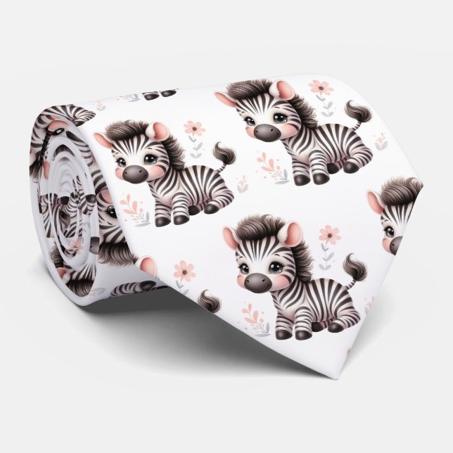 Black and White Modern Kawaii Cute Zebras Neck Tie (Rolled)