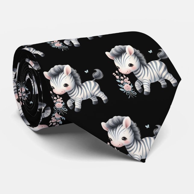 Black and White Modern Kawaii Cute Zebras Neck Tie (Rolled)